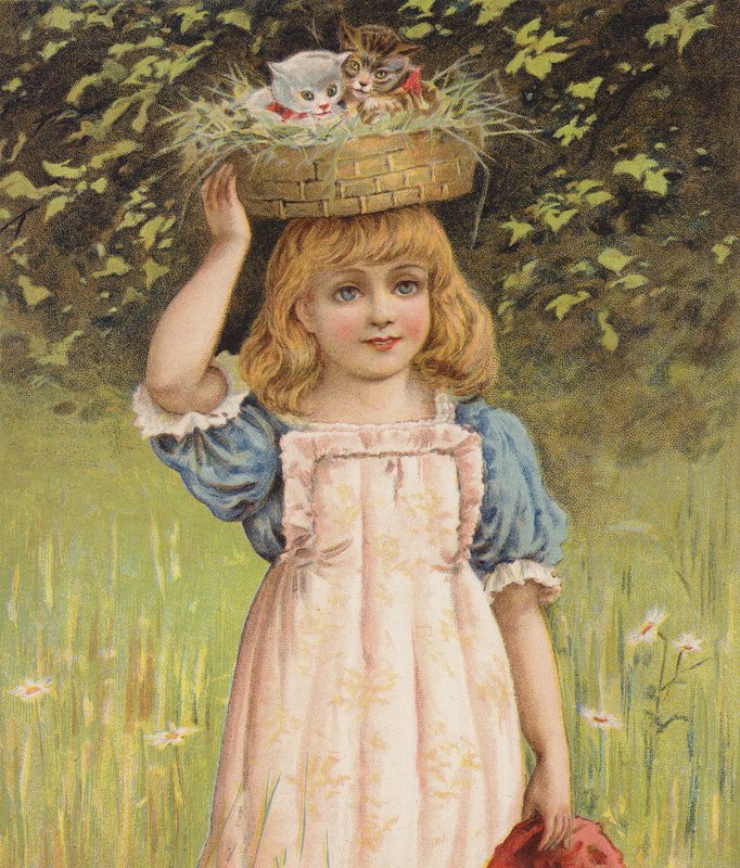 Rapariga com gatinhos brincalhões num cesto (cromolitho) de English School