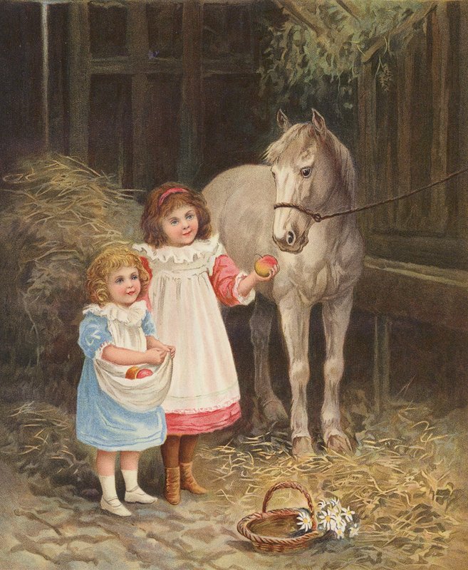 Raparigas a dar maçãs a um cavalo de estimação (cromolitografia) de English School
