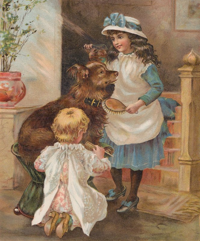 Raparigas a tratar do seu cão (cromolitografia) de English School