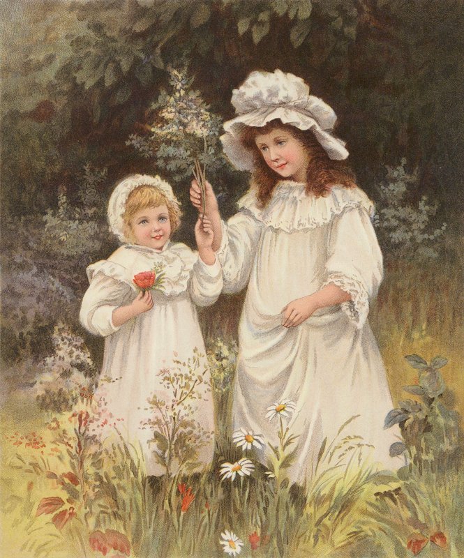 Raparigas a apanhar flores num prado (cromolitho) de English School