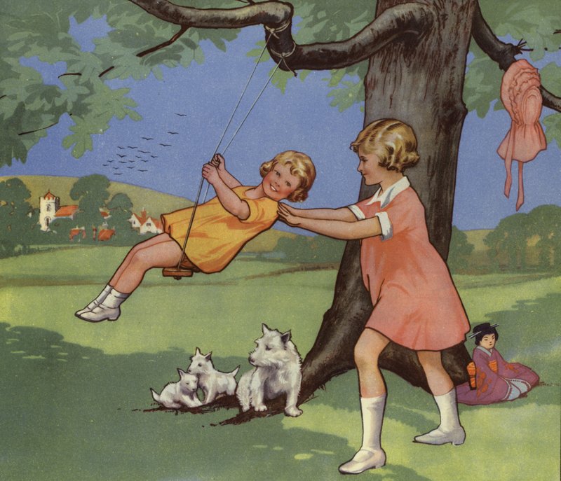 Garotas brincando no swing no campo inglês (cor litho) de English School
