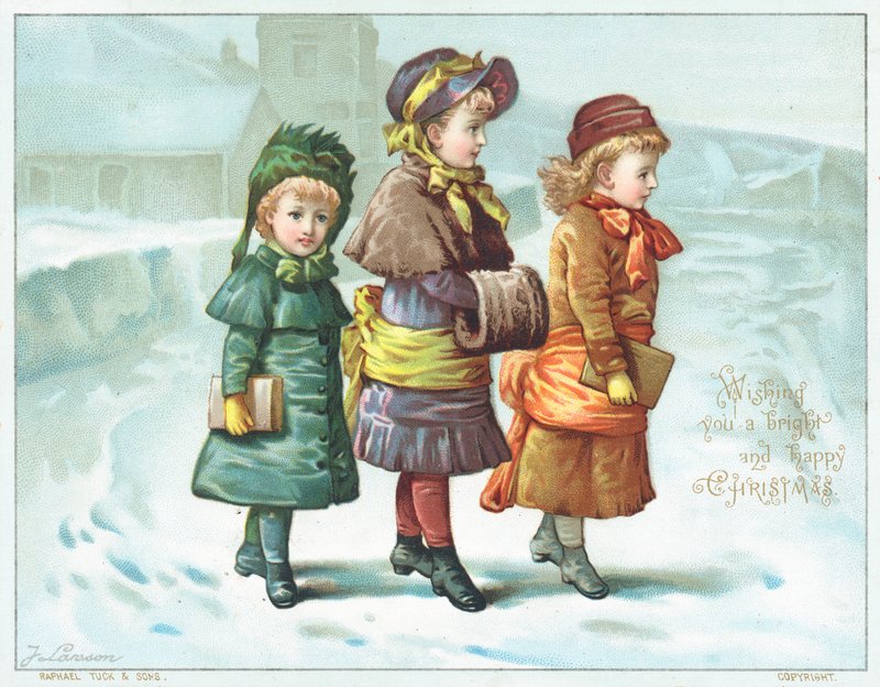 Meninas que andam na neve, cartão de Natal de English School