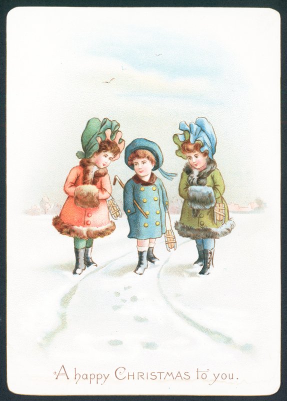 Meninas que andam na neve, cartão de Natal de English School
