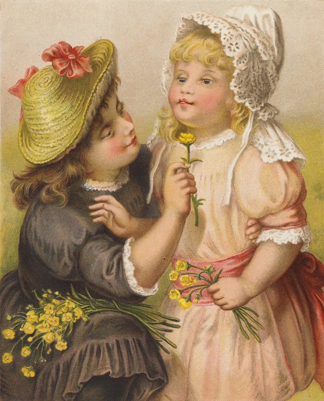 Raparigas com ranúnculos (cromolitho) de English School