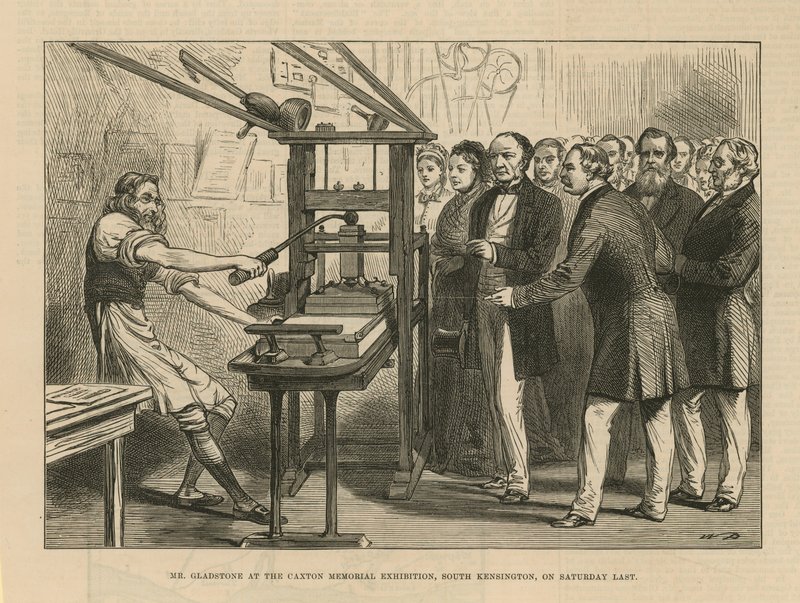 Gladstone na exposição Caxton Memorial de English School