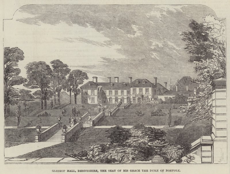 Glossop Hall, Derbyshire, a Sede de Sua Graça o Duque de Norfolk (gravura) de English School