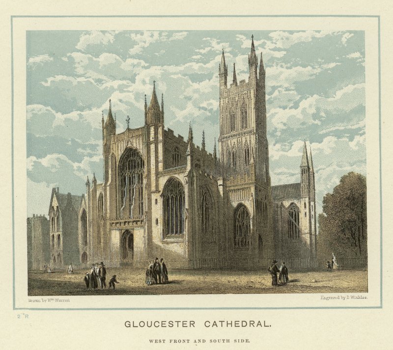 Catedral de Gloucester, frente oeste e lado sul de English School