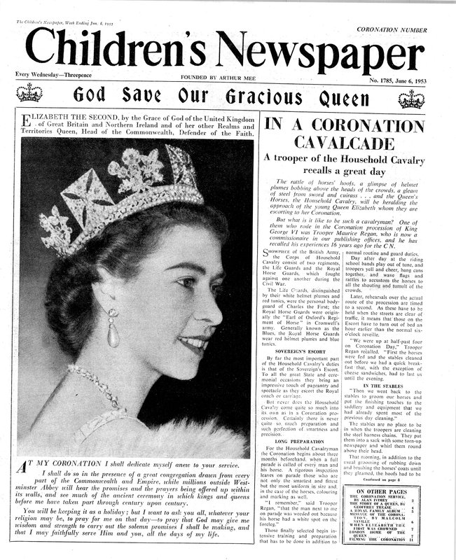 God Save Our Gracious Queen, primeira página de &39;The Children&39;s Newspaper&39;, 1953 (papel de jornal) de English School