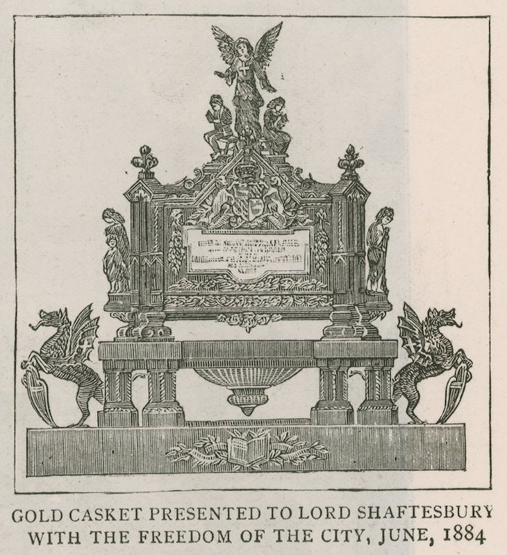 Caixão de ouro apresentado a Lord Shaftesbury com a liberdade da cidade, junho de 1884 de English School