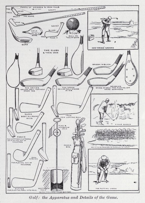 O golfe, o aparelho e os detalhes do jogo (litho) de English School