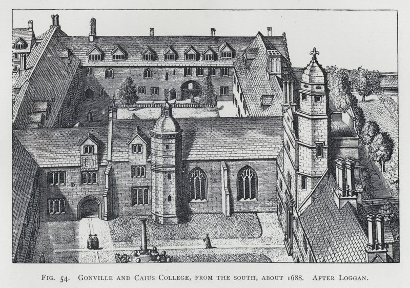 Gonville e Caius College, do sul, cerca de 1688, depois de Loggan (gravura) de English School