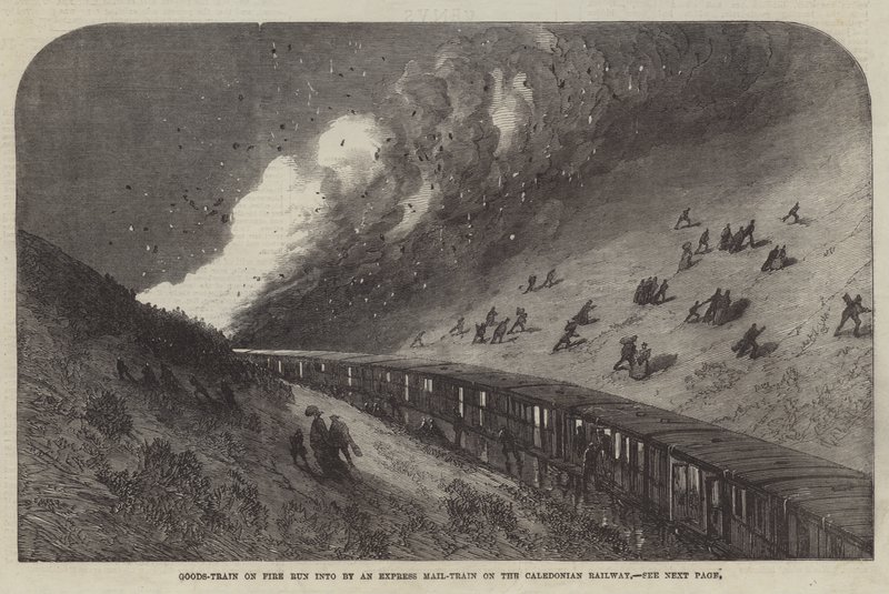 Comboio de Mercadorias em Incêndio encontrado por um comboio-correio expresso na Caledonian Railway (gravura) de English School