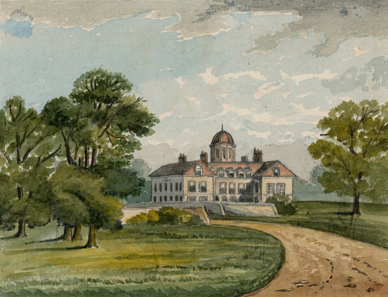 Goring House, mais tarde Arlington House, no local do Palácio de Buckingham (wc no papel) de English School