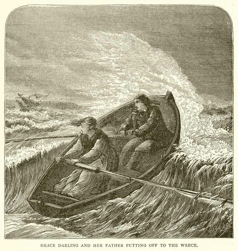 Grace Darling e seu pai indo para o naufrágio de English School