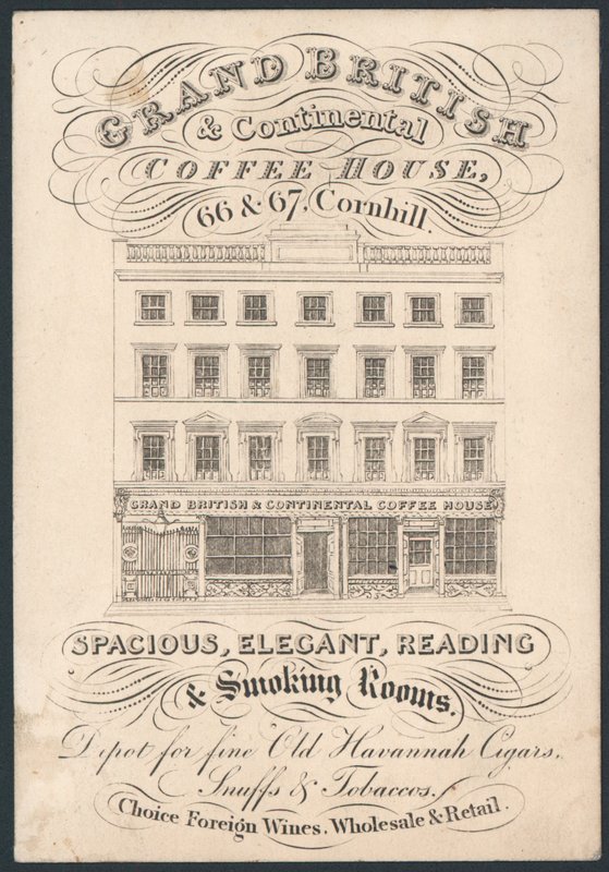Grand British e Continental Coffee House, 66 e 67 Cornhill, cartão comercial de English School