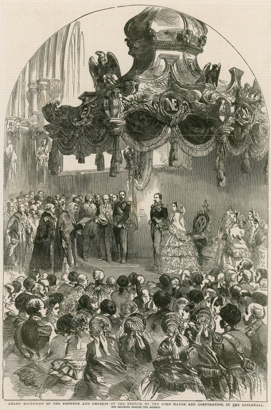 Grande recepção do Imperador e Imperatriz dos Franceses pelo Lord Mayor e Corporação no Guildhall, Londres de English School