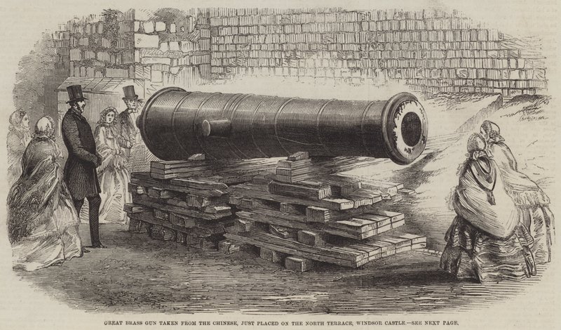Grande Arma de Latão retirada dos chineses, acabada de ser colocada no North Terrace, Castelo de Windsor (gravura) de English School