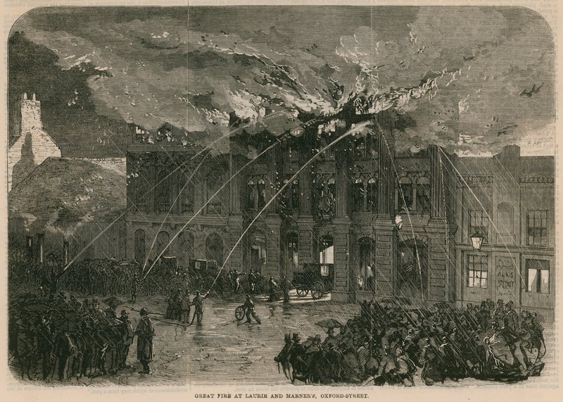 Grande incêndio em Laurie and Marners, Oxford Street, Londres de English School