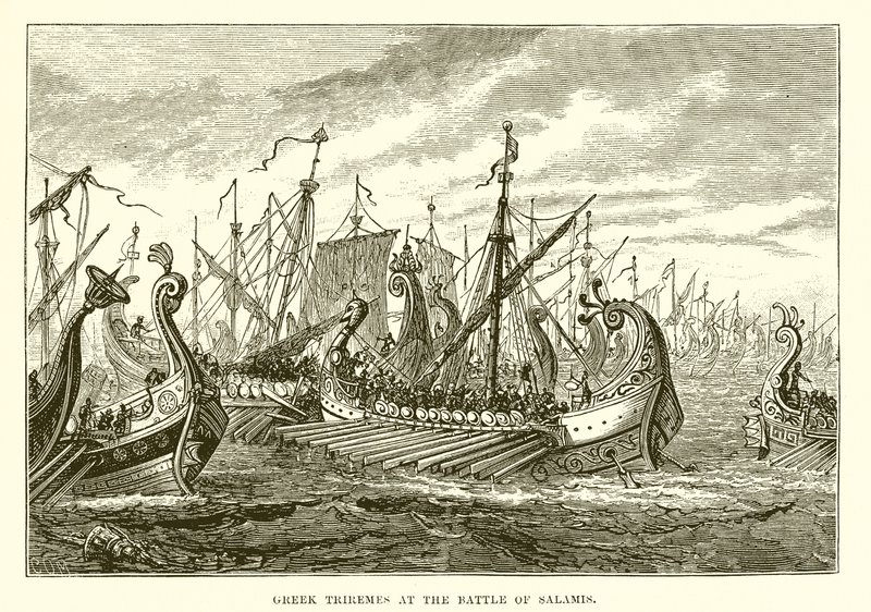 Trirremes gregas na batalha de Salamis de English School