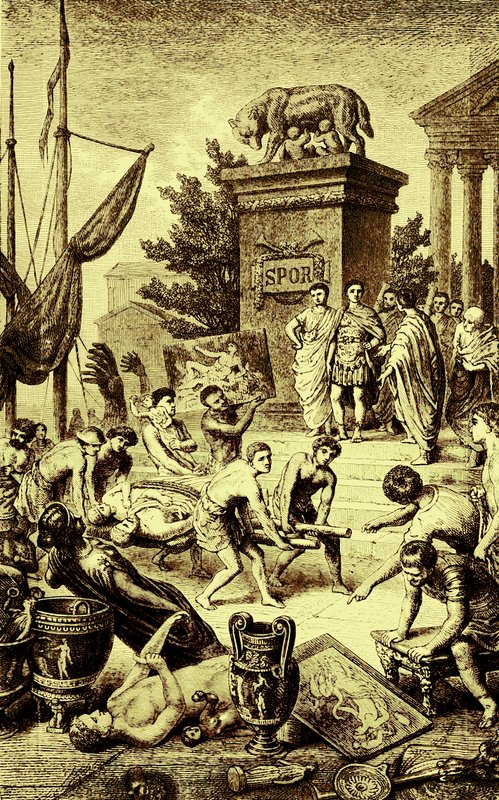 Cultura grega - estátuas e obras de arte levadas para Roma, ilustração da História Ilustrada do Mundo, publicada em 1880 (imagem digital melhorada) de English School