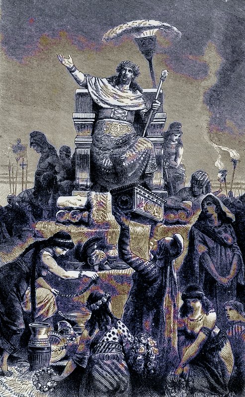 Degenerescência grega - Cresus na pilha fúnebre, ilustração da história ilustrada do mundo, publicada c.1880 (imagem digital melhorada) de English School