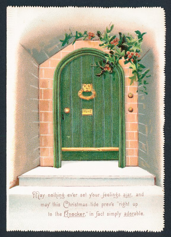 Porta verde cercada pelo azevinho, cartão de Natal de English School