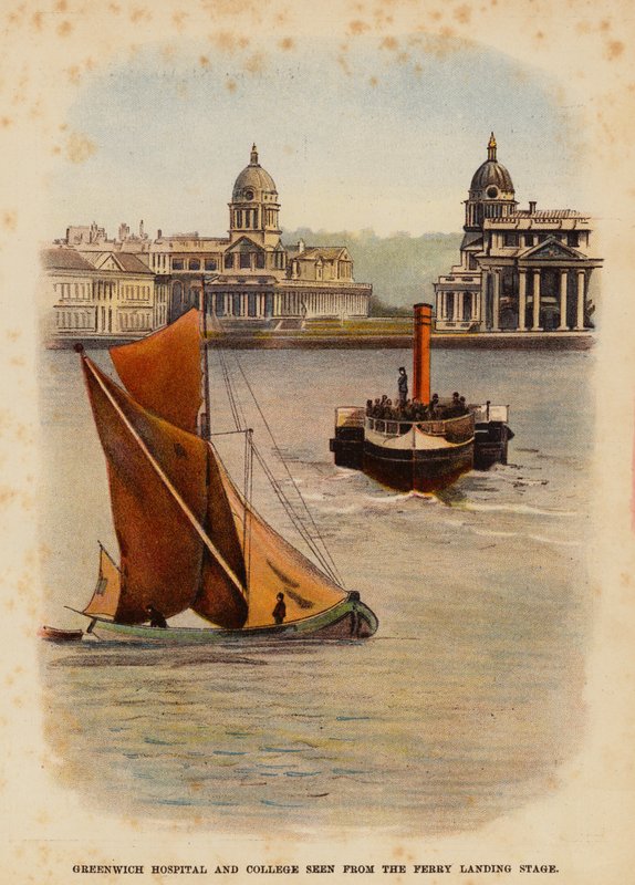 Greenwich Hospital e colégio vistos do cais de desembarque do ferry (litografia a cores) de English School