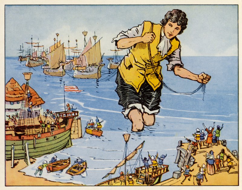 As Viagens de Gulliver: Ele captura a frota em Blefuscu (litografia a cores) de English School