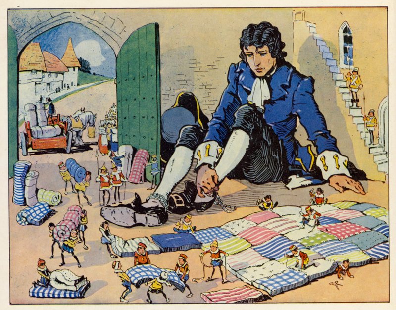 As Viagens de Gulliver: O Imperador mandou fazer uma cama para ele (litografia a cores) de English School