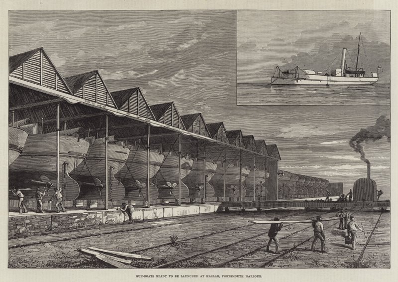 Pistolas-Boats prontas para serem lançadas em Haslar, Porto de Portsmouth (gravura) de English School