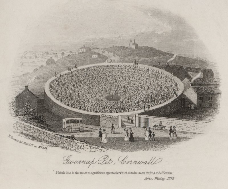 Gwennap Pit, Cornualha, onde John Wesley pregou em numerosas ocasiões entre 1762 e 1789 (gravura) de English School