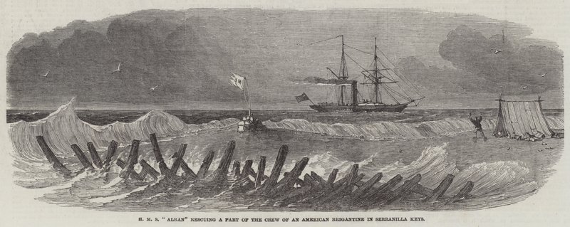 HMS "Alban" resgatando uma parte da tripulação de um Brigantine americano em Serranilla Keys (gravura) de English School