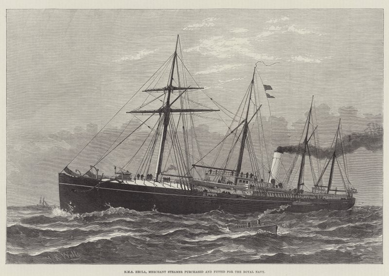 HMS Hecla, Mercador Steamer adquirido e adaptado para a Marinha Real (gravura) de English School
