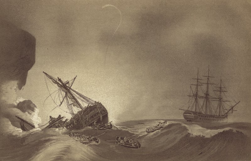 HMS Impetueux, comandado pelo Capitão Thomas Byam Martin, resgatando a tripulação do HMS Venerable, sob o comando do Capitão J Hunter, naufragado em Torbay, Devon, 24 de Novembro de 1804 (litho) de English School