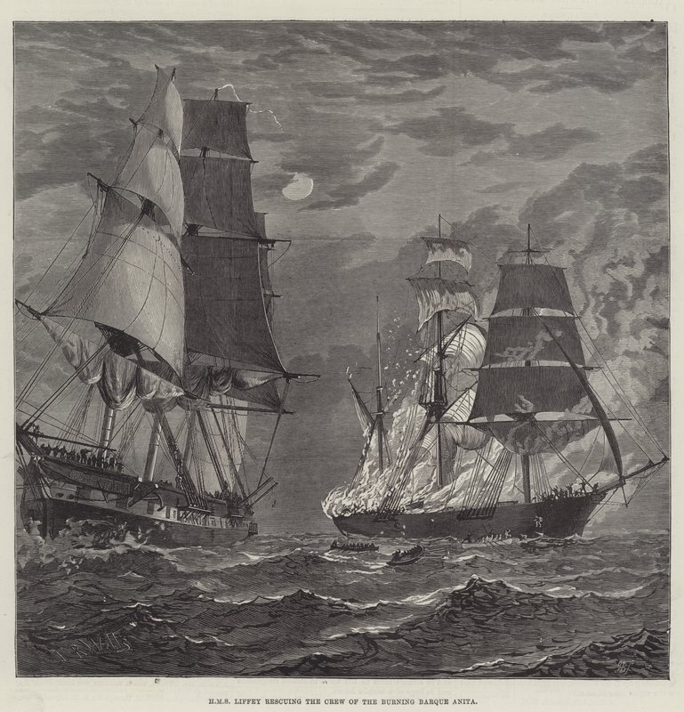 HMS Liffey resgatando a tripulação do Barque Anita em chamas (gravação) de English School