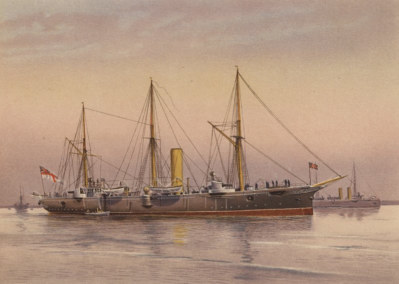 HMS Mohawk, cruzador de 3ª classe (litografia a cores) de English School