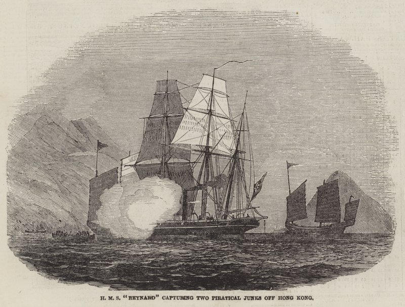 HMS "Reynard" capturando Dois Lixo Piraticos de Hong Kong (gravura) de English School