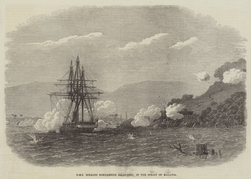 HMS Rinaldo bombardeando Salangore, no Estreito de Malacca (gravura) de English School