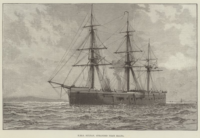 HMS Sultão, encalhado perto de Malta (gravura) de English School