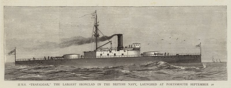 HMS "Trafalgar", o maior Ironclad da Marinha Britânica, lançado em Portsmouth a 20 de Setembro (gravação) de English School