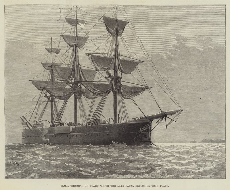 HMS Triumph, a bordo do qual ocorreu a Explosão Fatal tardia (gravura) de English School