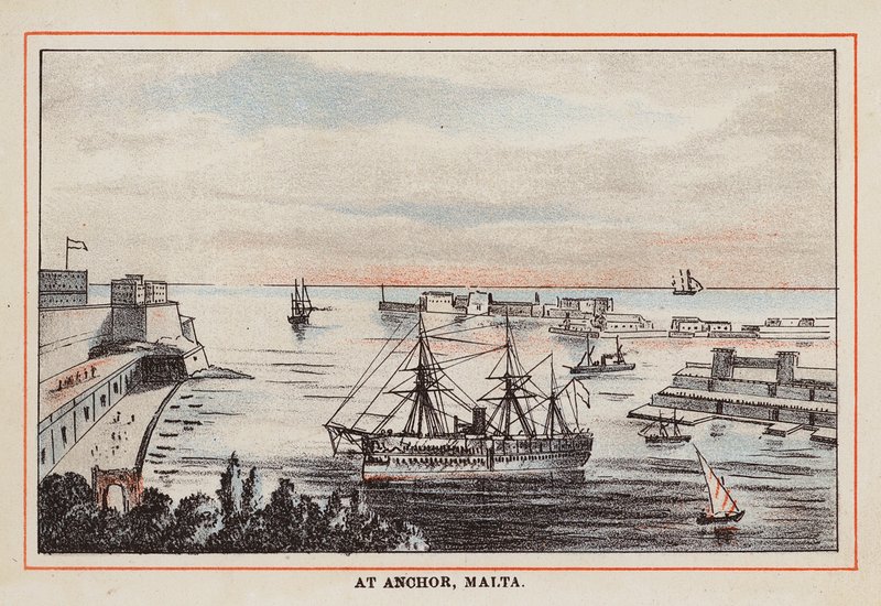 Navio de transporte de tropas HM Indian: At Anchor, Malta (gravura a cores) de English School