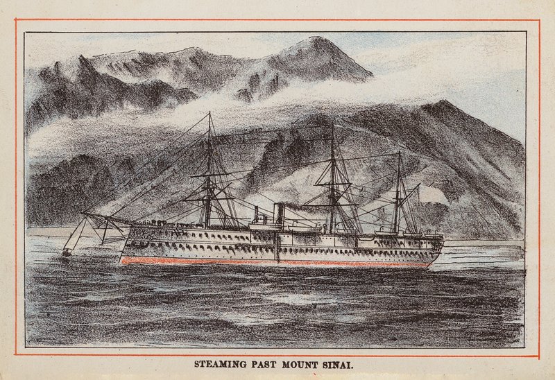 Navio de transporte de tropas HM Indian: Passando pelo Monte Sinai (gravura colorida) de English School