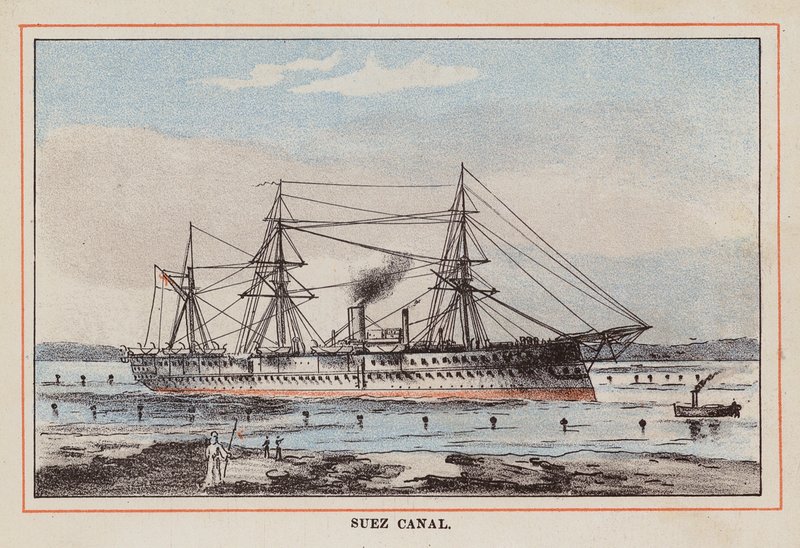 Navio de transporte de tropas HM Indian: Canal do Suez (gravura a cores) de English School