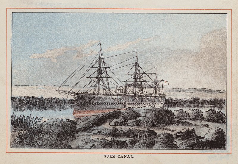 Navio de transporte de tropas HM Indian: Canal do Suez (gravura a cores) de English School