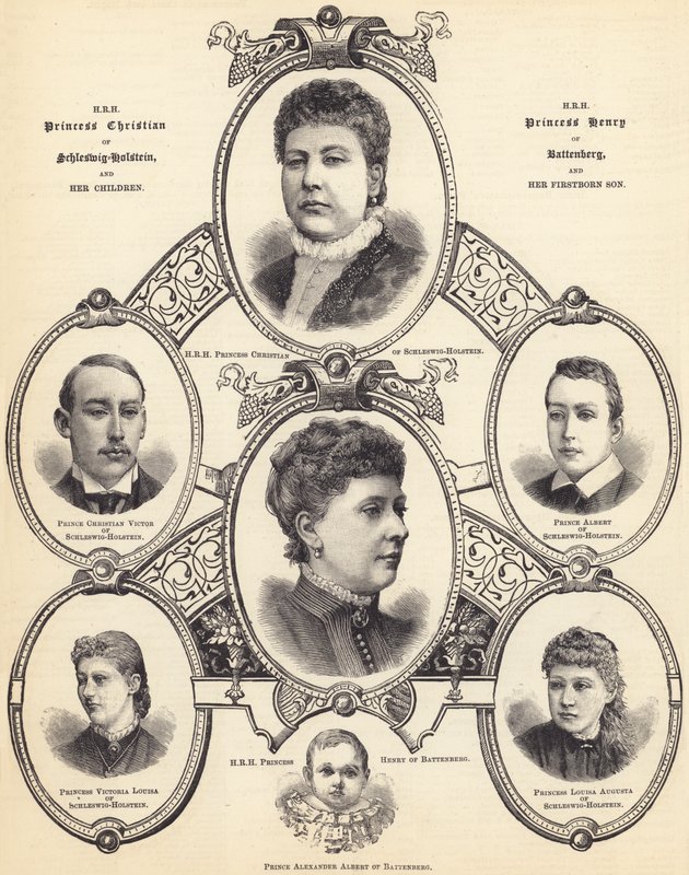 HRH Princesa Cristã de Schleswig-Holstein e HRH Princesa Henrique de Battenberg, e seus filhos (gravura) de English School