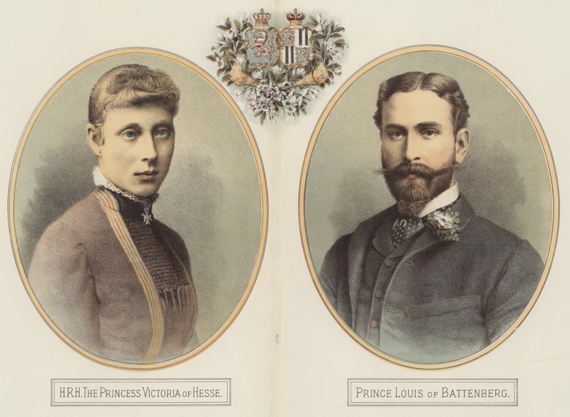 HRH a Princesa Victoria de Hesse e o Príncipe Louis de Battenberg (cor litho) de English School