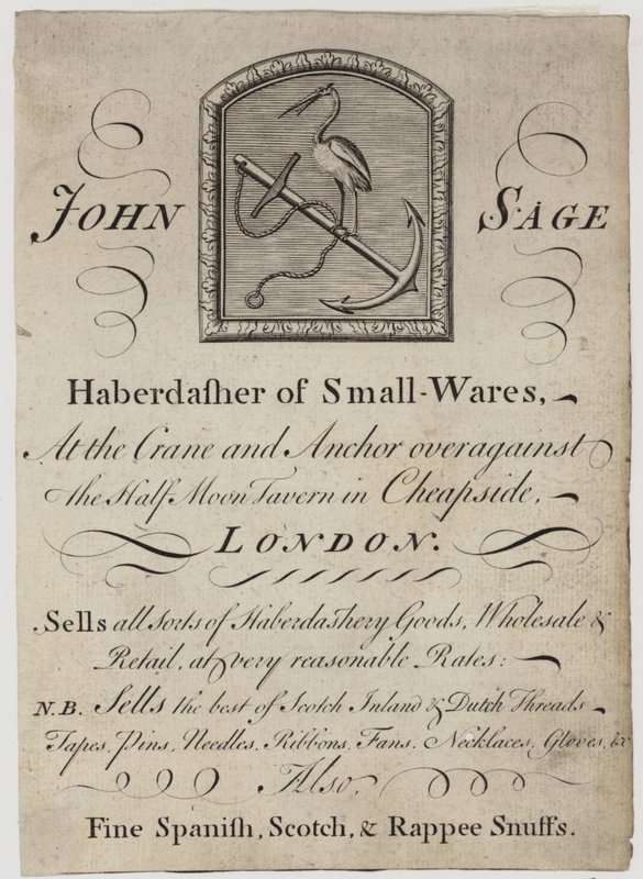 Haberdashers, John Sage, cartão comercial de English School