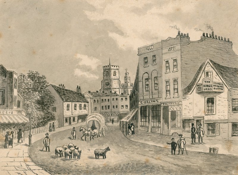 Hackney, olhando para a igreja, em 1840 (wc no papel) de English School