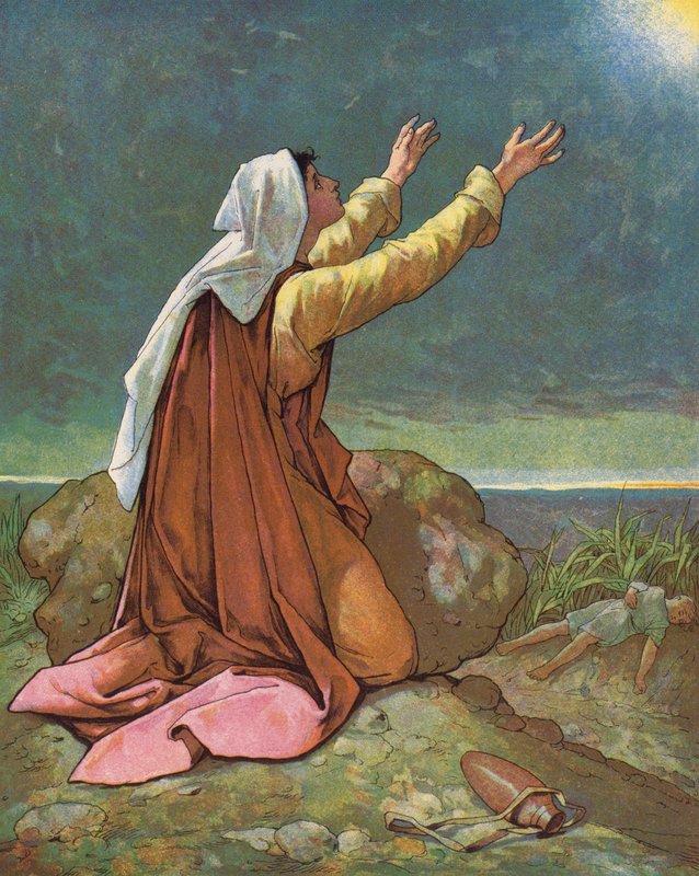 Hagar e Ismael no deserto (litografia a cores) de English School